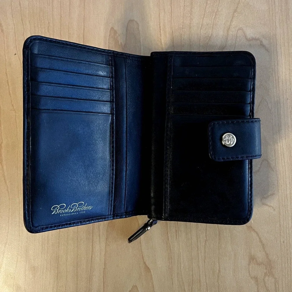 Vintage Brooks Brothers Men's Black Leather Tri Fold Wallet Zip Coin Pocket‎